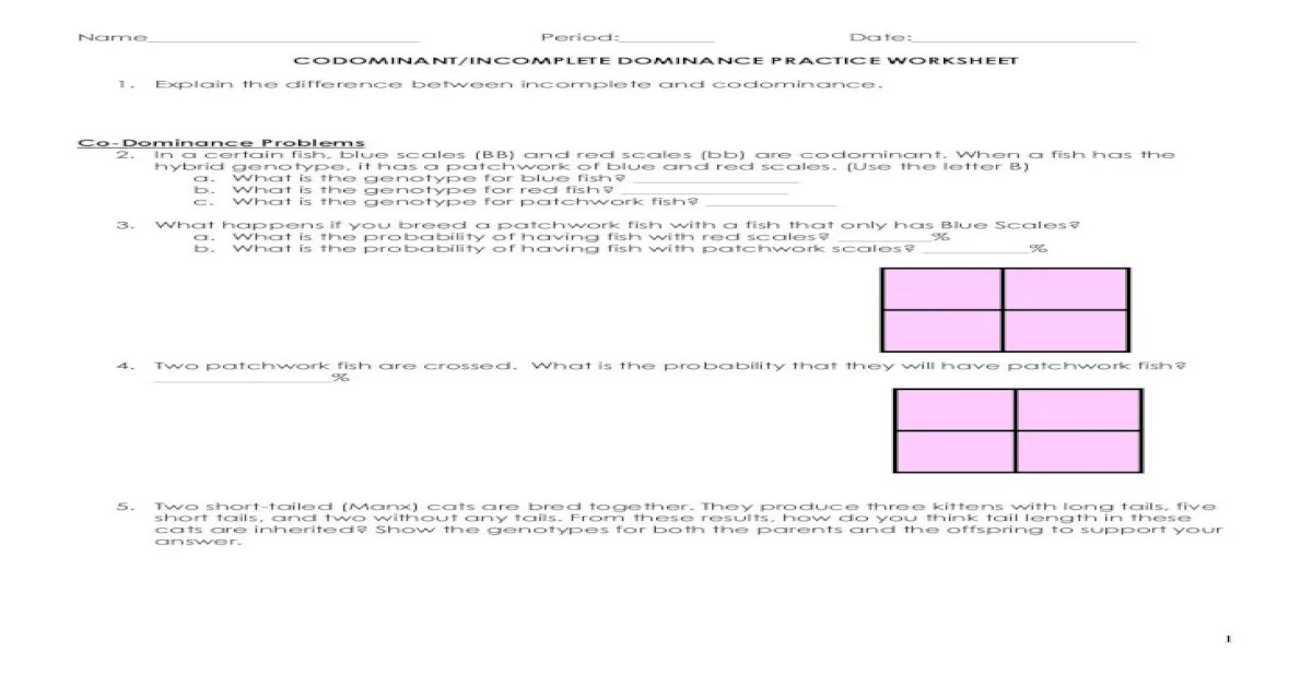 Codominant/incomplete dominance practice worksheet answers